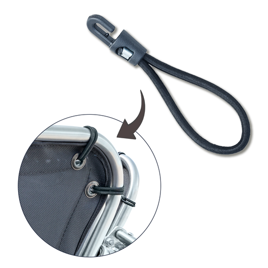 D-Flector hook and loop bungee strap for securing stone guard mesh