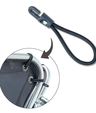 D-Flector hook and loop bungee strap for securing stone guard mesh