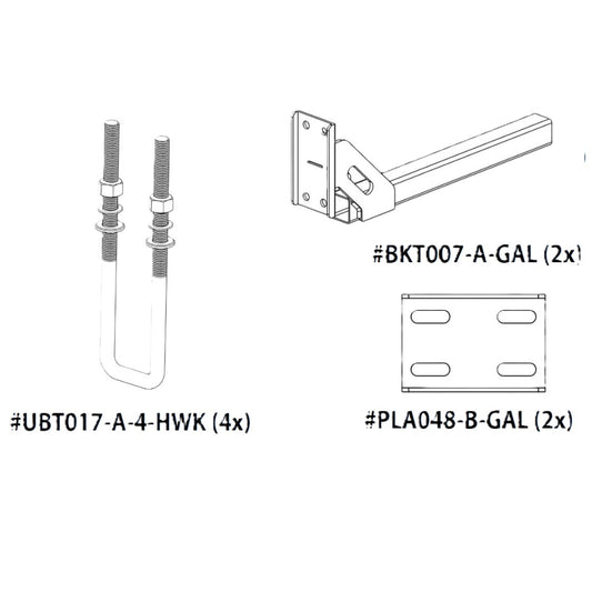 Technical drawing of hardware components including bolts and brackets on a white background