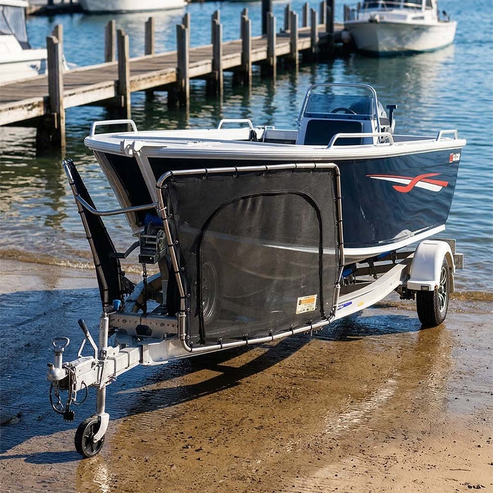 D-Flector stone guard fitted to a boat at the ramp