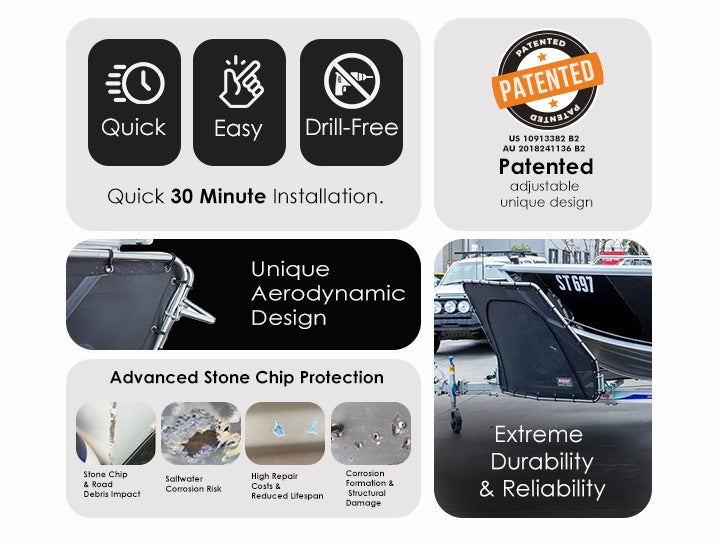 Quick, easy, drill-free install — patented design with stone chip protection