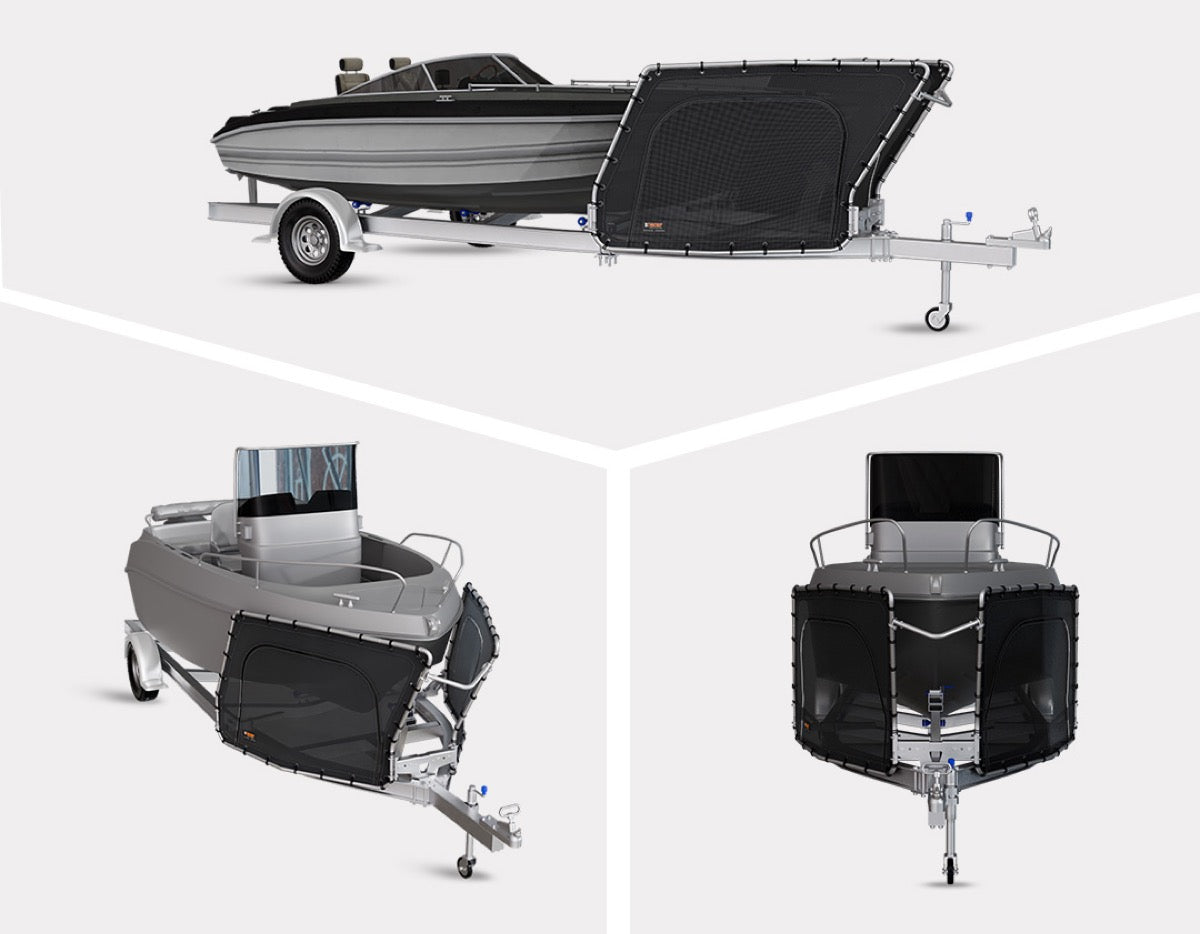 D-Flector stone guard shown fitted to a boat trailer from three angles