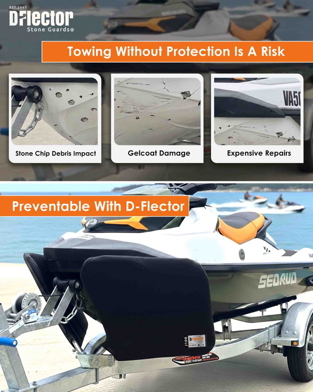 Towing without protection is a risk — stone chip damage, gelcoat damage, expensive repairs. Preventable with D-Flector.